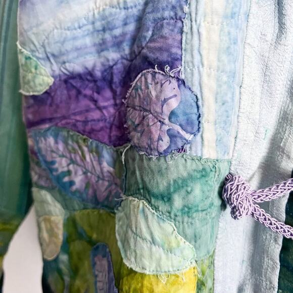 Handmade Quilted Flannel Jacket Lily Orchid Flower Patchwork Green Purple Medium - Picture 4 of 14